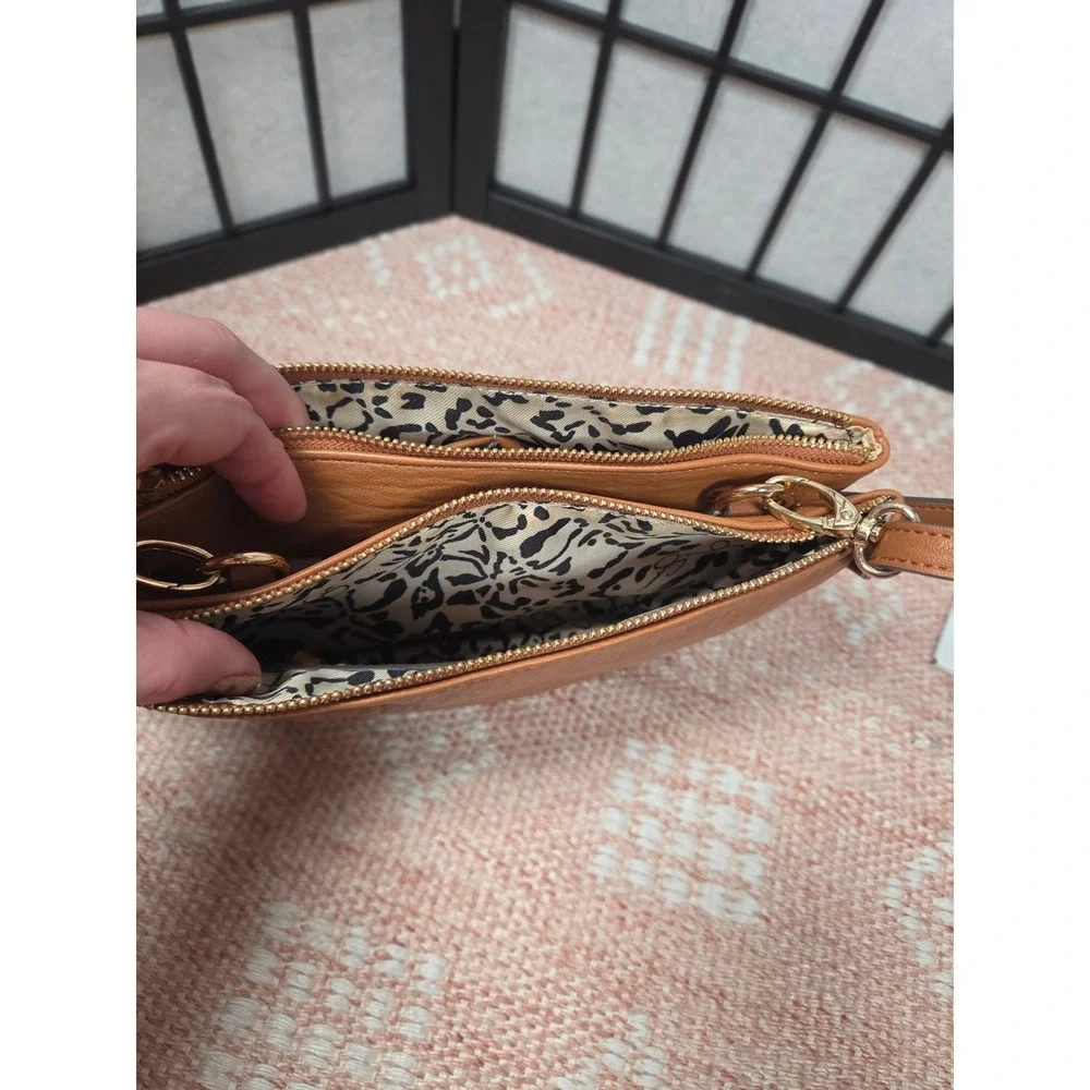 Jessica Simpson Cognac Brown Studded Triple Zip Crossbody Bag Gold Hardware